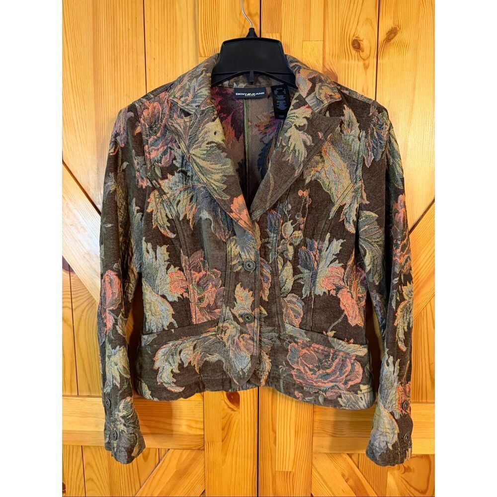 DKNY Jeans Long Sleeve Green Multicolor Floral Button Up Blazer Size Small Petit